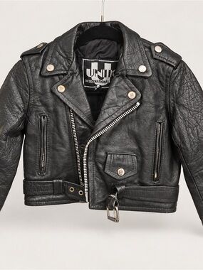 UNIK International Youth Small Genuine Leather Black Motorcycle Biker Jacket